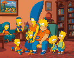 Goku from Dragon Ball in The Simpsons' living room with the Simpson family watching in awe.