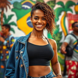 A beautiful Brazilian woman exemplifying the rich multicultural diversity of Brazil, featuring a blend of Afro-Brazilian, Indigenous, European, and Asian traits