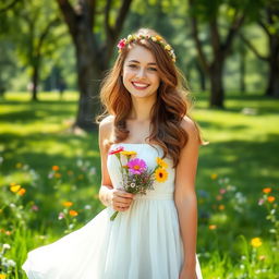 A cheerful young woman standing in a lush green park, wearing a flowy white summer dress that dances in the gentle breeze