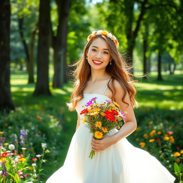 A cheerful young woman standing in a lush green park, wearing a flowy white summer dress that dances in the gentle breeze