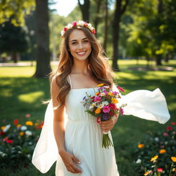 A cheerful young woman standing in a lush green park, wearing a flowy white summer dress that dances in the gentle breeze