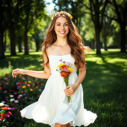 A cheerful young woman standing in a lush green park, wearing a flowy white summer dress that dances in the gentle breeze