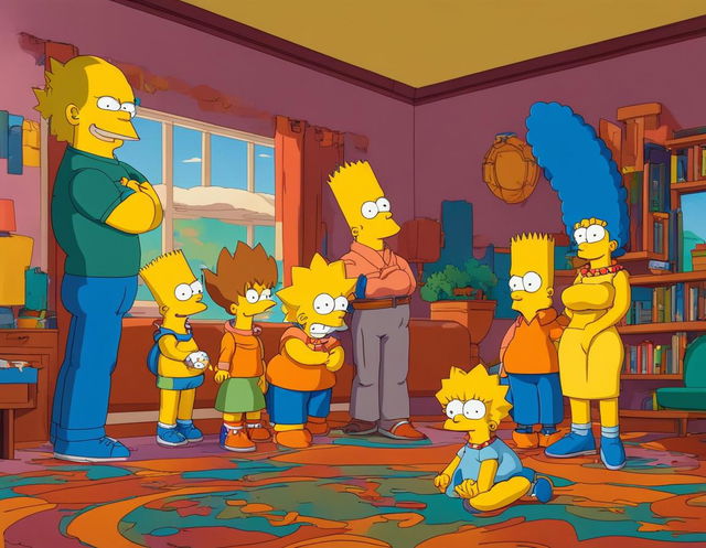 Goku from Dragon Ball in The Simpsons' living room with the Simpson family watching in awe.