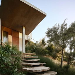 Exterior view of an attractive house with external stairs leading to the upper floor. The structure perfectly blends with the surroundings and the staircase adds a unique architectural detail.