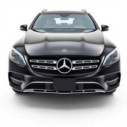 A stunning, totally black Mercedes CLE viewed from the front, showcasing its bold grille, sleek headlights, and elegant lines