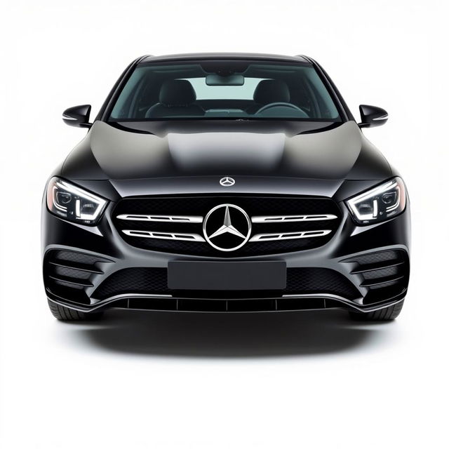 A stunning, totally black Mercedes CLE viewed from the front, showcasing its bold grille, sleek headlights, and elegant lines