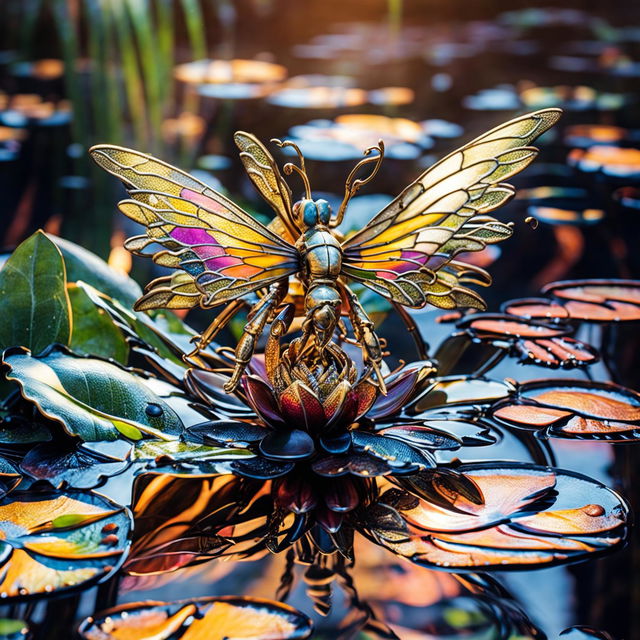 Brass dragonfly with stained glass wings on blooming lotus in koi pond during golden hour