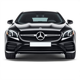 A stunning, totally black Mercedes CLE viewed from the front, showcasing its bold grille, sleek headlights, and elegant lines