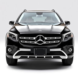 A stunning, totally black Mercedes CLE viewed from the front, showcasing its bold grille, sleek headlights, and elegant lines