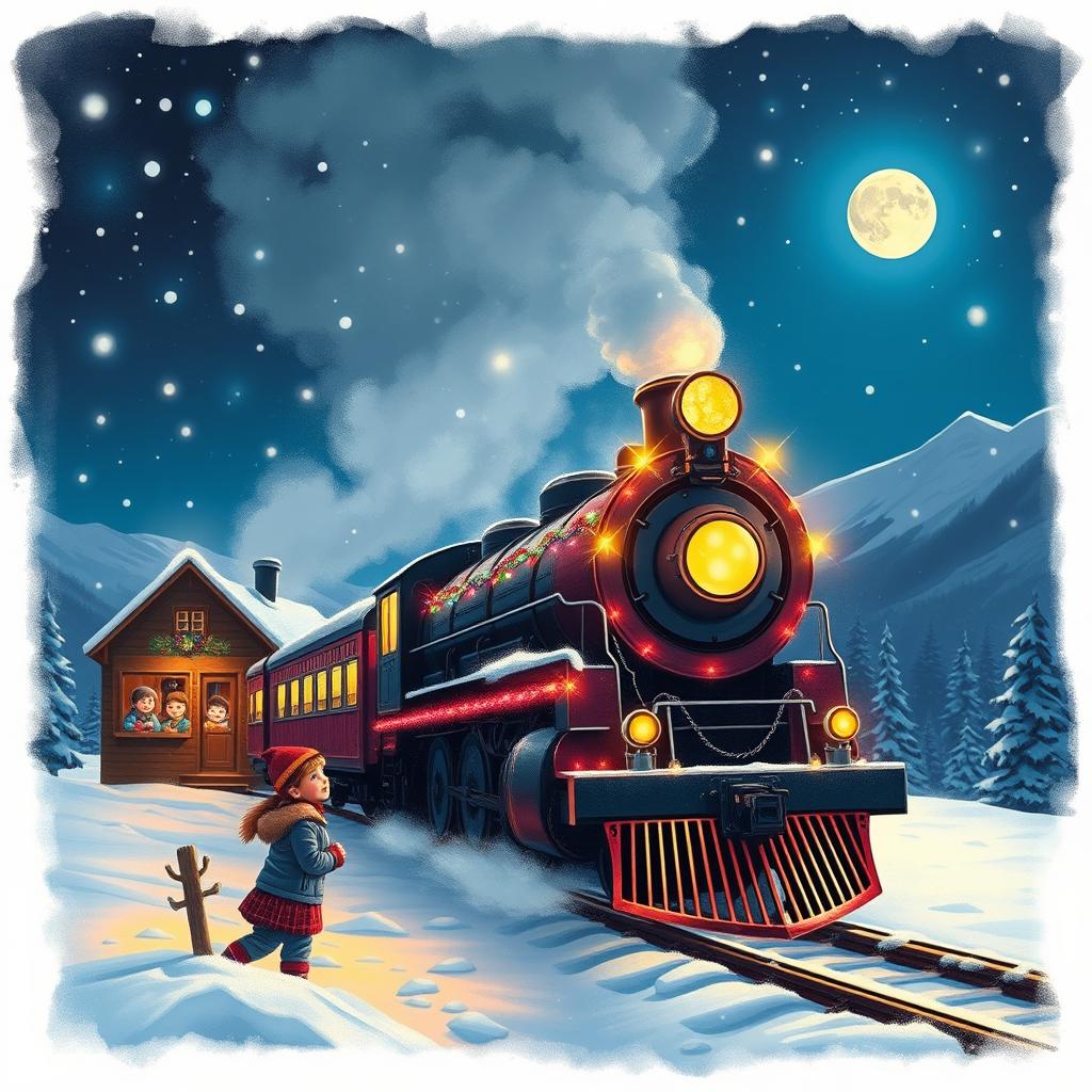 A magical winter scene inspired by the Polar Express, featuring a beautifully detailed steam train adorned with colorful lights, gliding through a snowy landscape at night