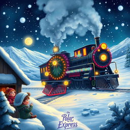 A magical winter scene inspired by the Polar Express, featuring a beautifully detailed steam train adorned with colorful lights, gliding through a snowy landscape at night