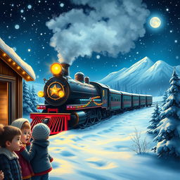 A magical winter scene inspired by the Polar Express, featuring a beautifully detailed steam train adorned with colorful lights, gliding through a snowy landscape at night