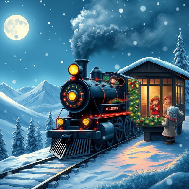 A magical winter scene inspired by the Polar Express, featuring a beautifully detailed steam train adorned with colorful lights, gliding through a snowy landscape at night