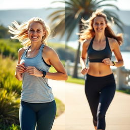 A 35-year-old light-haired woman, athletic and energetic, dressed in stylish sports attire