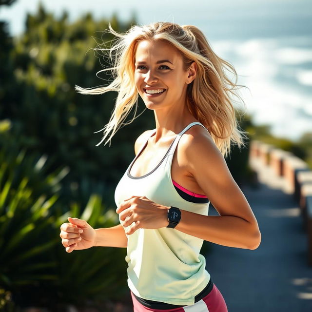 A 35-year-old light-haired woman, athletic and energetic, dressed in stylish sports attire