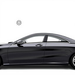 A sleek, totally black Mercedes CLE viewed from the side, showcasing its elegant profile, smooth curves, and luxurious lines