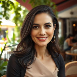 A Mediterranean woman aged 35-45 with dark hair, expressive eyes, wearing stylish and elegant clothing