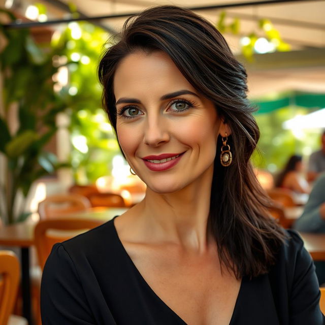 A Mediterranean woman aged 35-45 with dark hair, expressive eyes, wearing stylish and elegant clothing