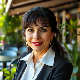 A Mediterranean woman aged 35-45 with dark hair, expressive eyes, wearing stylish and elegant clothing