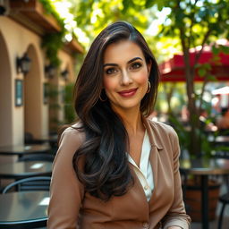 A Mediterranean woman aged 35-45 with dark hair, expressive eyes, wearing stylish and elegant clothing