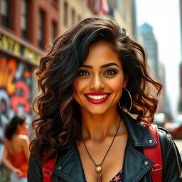 A vibrant Latina woman representing the diverse cultural landscape of the United States, showcasing her rich heritage with a blend of different Latin American backgrounds