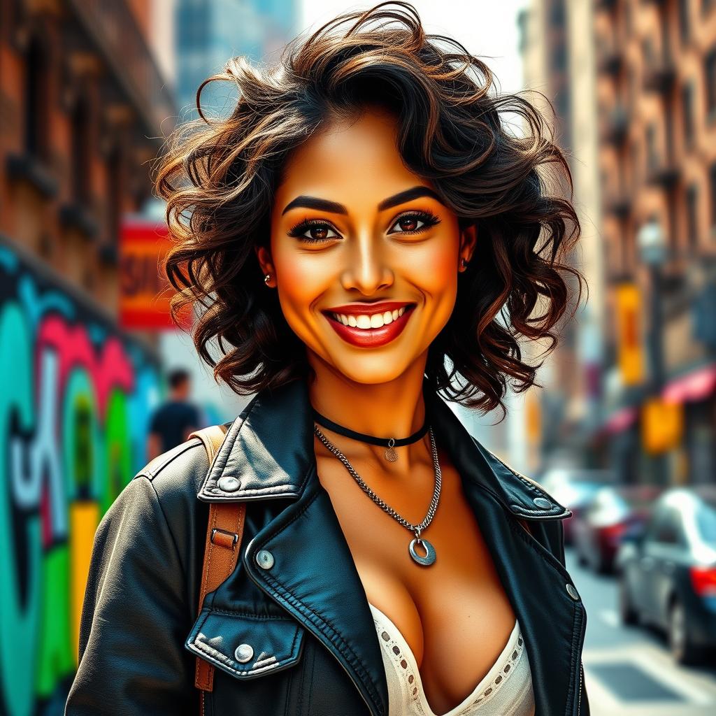 A vibrant Latina woman representing the diverse cultural landscape of the United States, showcasing her rich heritage with a blend of different Latin American backgrounds