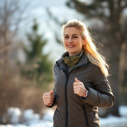 A 40-year-old light-haired woman, athletic and energetic, dressed in stylish outerwear suitable for outdoor activities