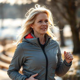 A 40-year-old light-haired woman, athletic and energetic, dressed in stylish outerwear suitable for outdoor activities