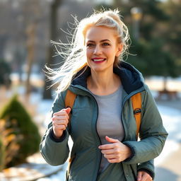 A 40-year-old light-haired woman, athletic and energetic, dressed in stylish outerwear suitable for outdoor activities