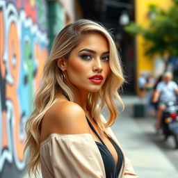 A beautiful American Latina woman with stunning blonde hair, showcasing a captivating blend of cultural features and elegance