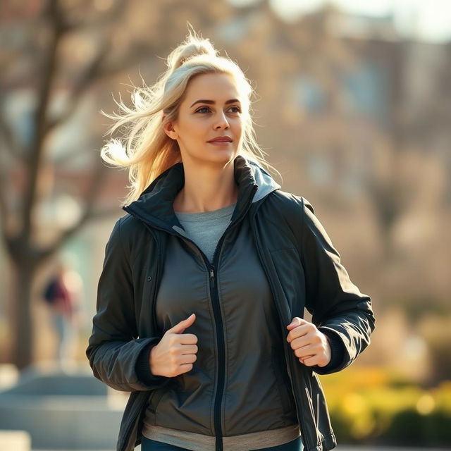 A 35-year-old light-haired woman, athletic and fashion-forward, wearing stylish outerwear perfect for outdoor activities