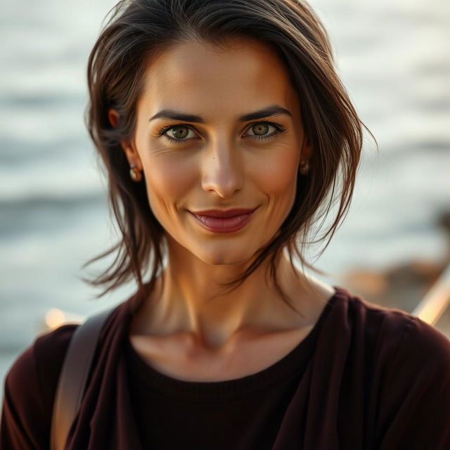 A Mediterranean woman aged 35-45 with dark hair, wearing stylish clothing