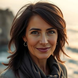 A Mediterranean woman aged 35-45 with dark hair, wearing stylish clothing