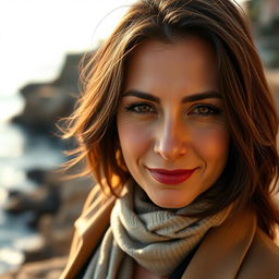 A Mediterranean woman aged 35-45 with dark hair, wearing stylish clothing