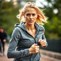 A 35-year-old light-haired woman, athletic and vibrant, wearing a stylish athletic hoodie