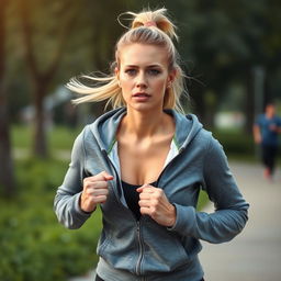 A 35-year-old light-haired woman, athletic and vibrant, wearing a stylish athletic hoodie