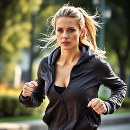 A 35-year-old light-haired woman, athletic and vibrant, wearing a stylish athletic hoodie