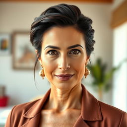 A beautiful woman aged between 35 and 45, with dark hair styled elegantly, dressed in chic Mediterranean fashion