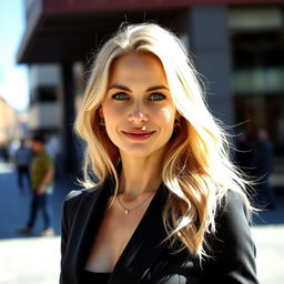 A 39-year-old woman with fair skin and light blonde hair, showcasing European features