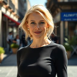 A 39-year-old woman with fair skin and light blonde hair, showcasing European features
