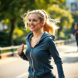 A 35-year-old light-haired woman, athletic and lively, wearing a trendy sports hoodie