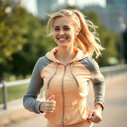 A 35-year-old light-haired woman, athletic and lively, wearing a trendy sports hoodie