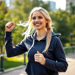 A 35-year-old light-haired woman, athletic and lively, wearing a trendy sports hoodie