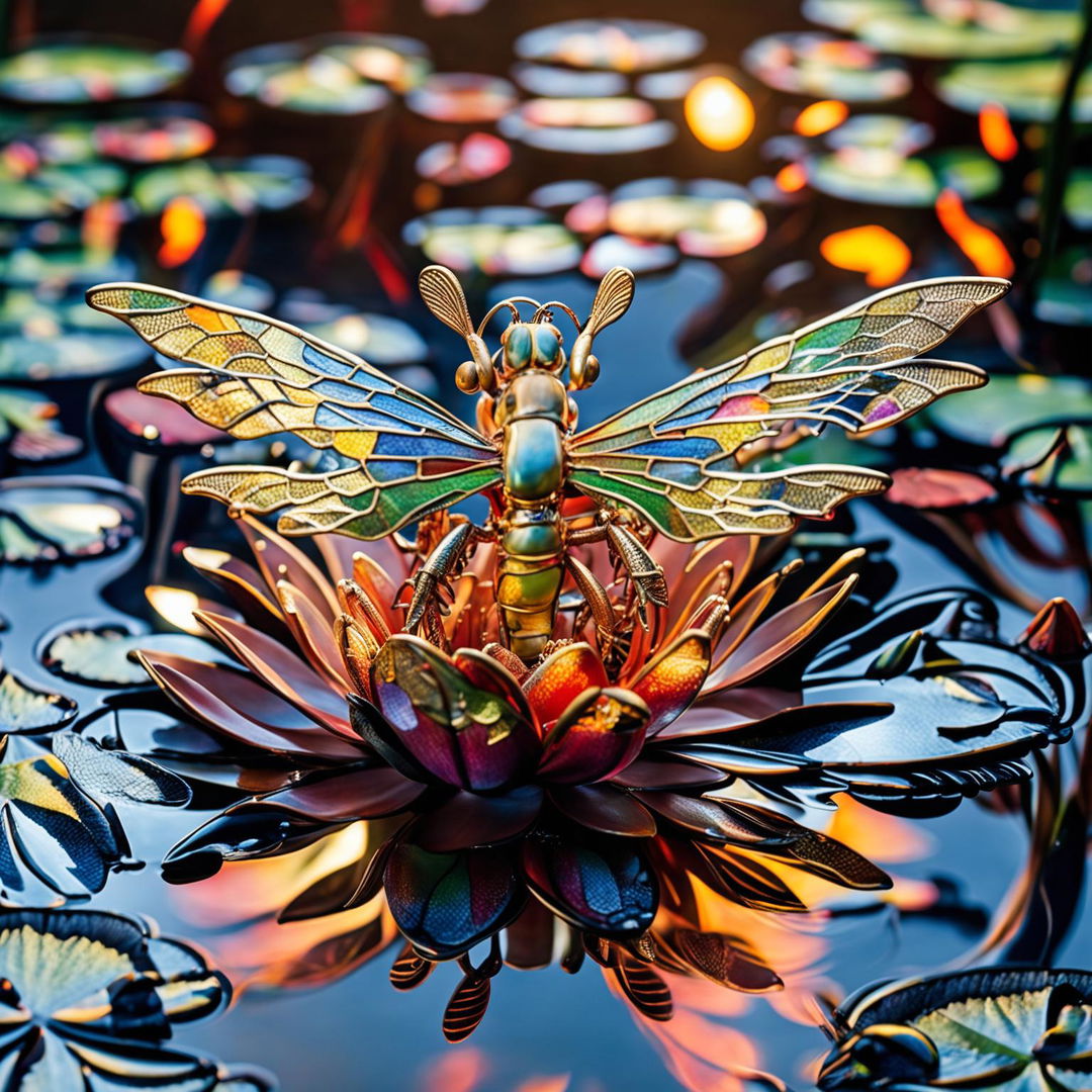 Symmetrical, highly detailed brass dragonfly with stained glass wings on blooming lotus in koi pond during golden hour