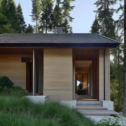 Exterior view of an attractive house with external stairs leading to the upper floor. The structure perfectly blends with the surroundings and the staircase adds a unique architectural detail.