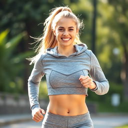 A 35-year-old light-haired woman, athletic and lively, wearing a trendy sports hoodie