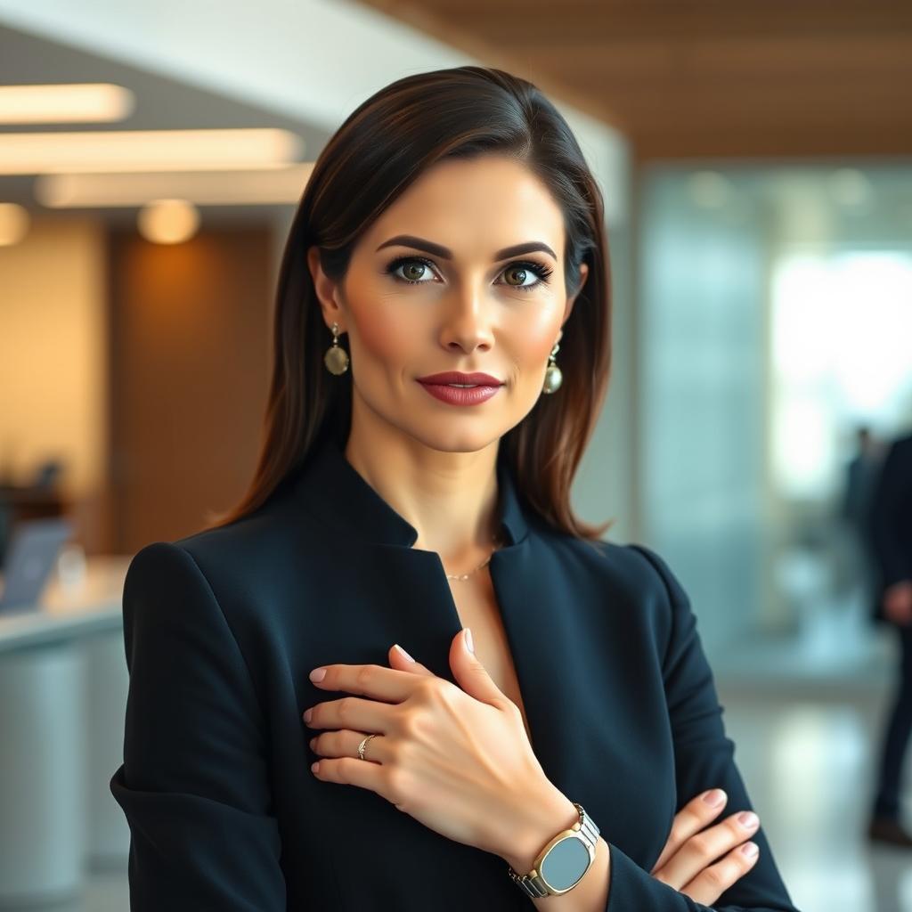 An elegant brunette woman, aged 35, wearing a tailored office dress suitable for an image of a successful business lady