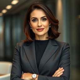 An elegant brunette woman, aged 35, wearing a tailored office dress suitable for an image of a successful business lady