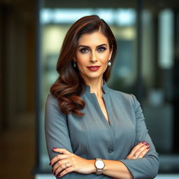 An elegant brunette woman, aged 35, wearing a tailored office dress suitable for an image of a successful business lady