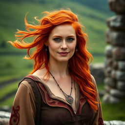 A 35-year-old woman with Celtic features, showcasing bright red hair, beautifully styled and flowing